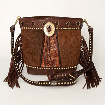 American Darling Bucket Hand Tooled Hair-On Genuine Leather Women Bag Western Handbag Purse